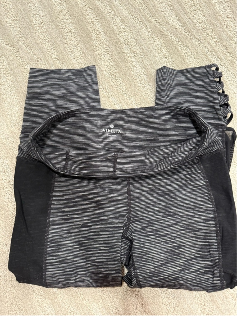 Athleta Black & Gray Striped High-Rise Capr Workout Leggings with Lattice Detail